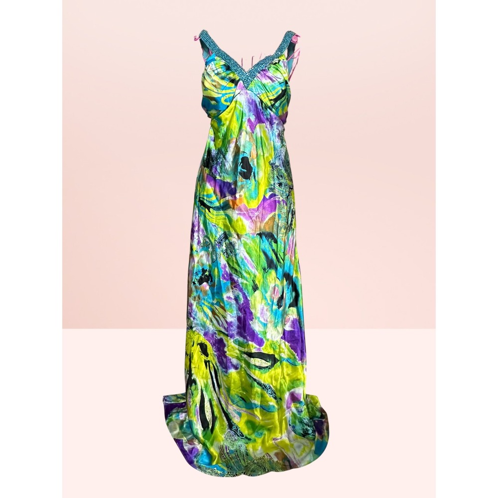 Speechless Maxi Gown Beaded‎ V-Neck Open Back Abstract Floral Large Green Blue